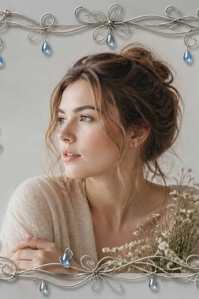 A silver wire flower border wrapped around a photo. Blue glass teardrop beads hang at the ends of wire loops, forming a delicate flower-and-vine pattern.