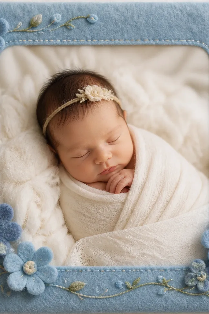 A soft blue felt border around the photo. Blue felt flowers are stitched onto the frame, with thin embroidered thread stems running in gentle curves.
