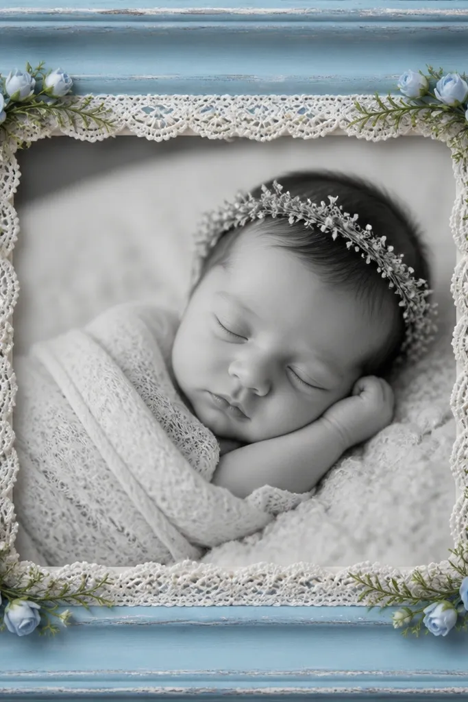 A chalk-painted cerulean frame with a strip of white lace along the inner edge. Small blue rosebuds and tiny greenery sprigs sit between lace and photo corners.