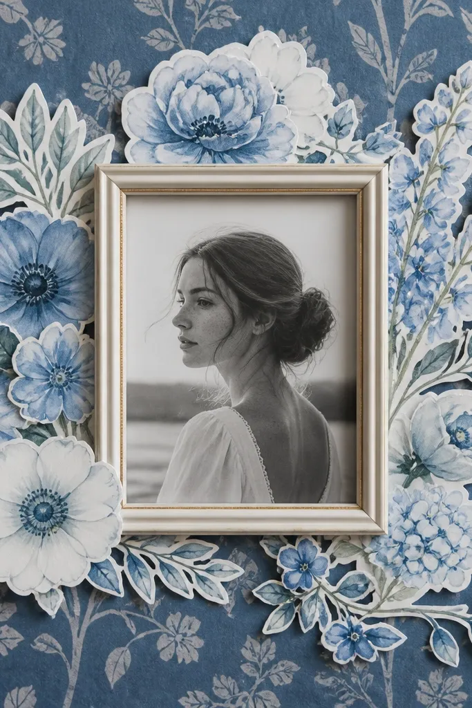 A frame backed with blue botanical wallpaper. Watercolor-style flower cutouts in blues and whites are placed like a loose bouquet around the photo opening.