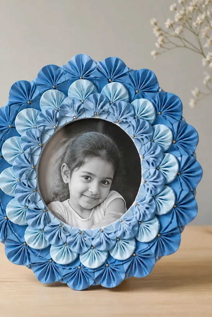 A photo frame with circular blue paper rings. Each ring has small folded petal shapes like mini lantern flowers, layered around the photo window.