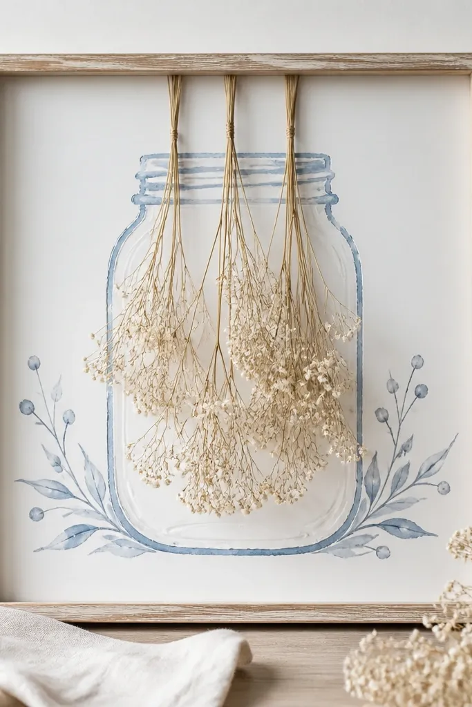 A frame with a faux mason jar look at the center. Dried baby's breath hangs in thin strands, with blue accents painted around the jar outline.