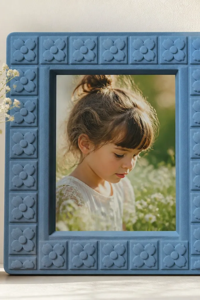 A blue photo frame backed with small foam tiles arranged like a grid. Each tile has a tiny blue flower cutout, creating a repeating pattern around the photo.