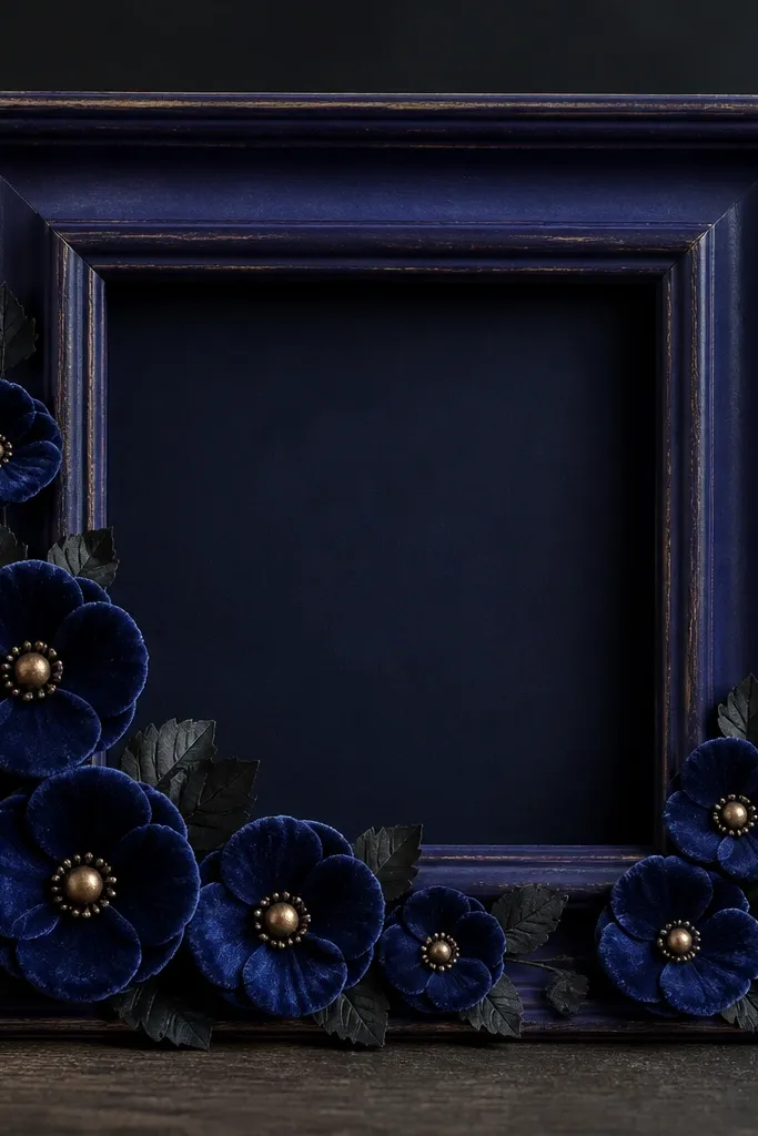 A deep indigo frame with small blue velvet poppies. Each poppy has a tiny brass button or brassy bead in the center, and there are a few dark leaves tucked at the base.