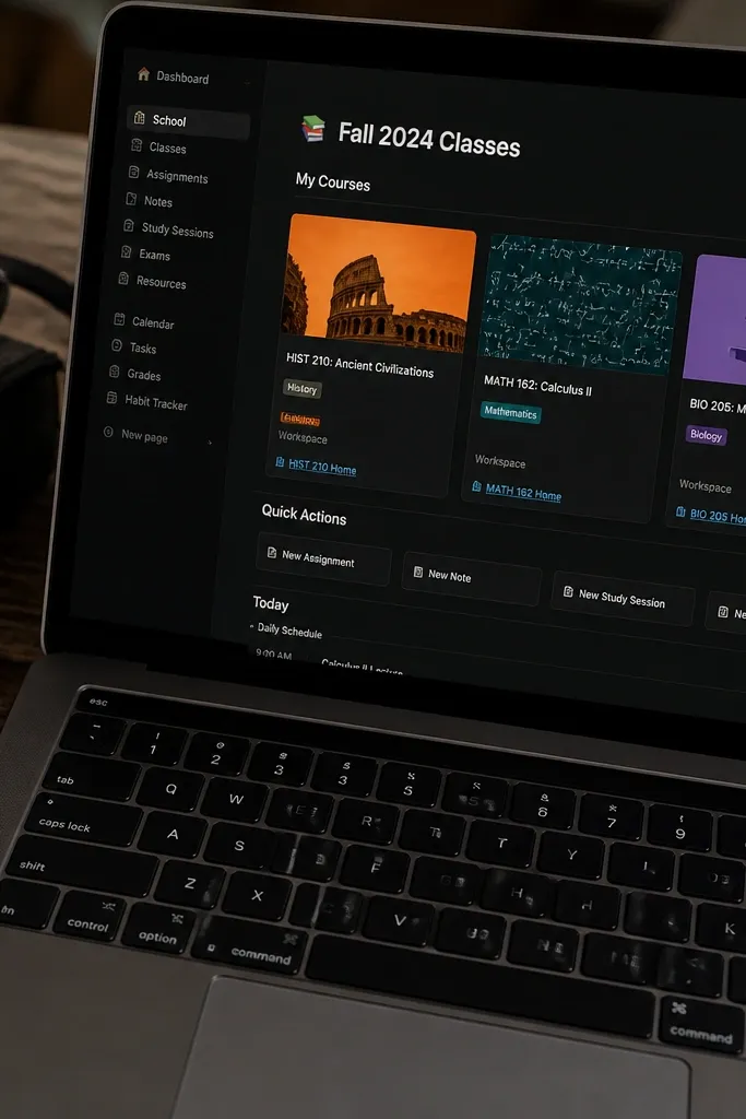 Notion page with a header and three course cards in different colors