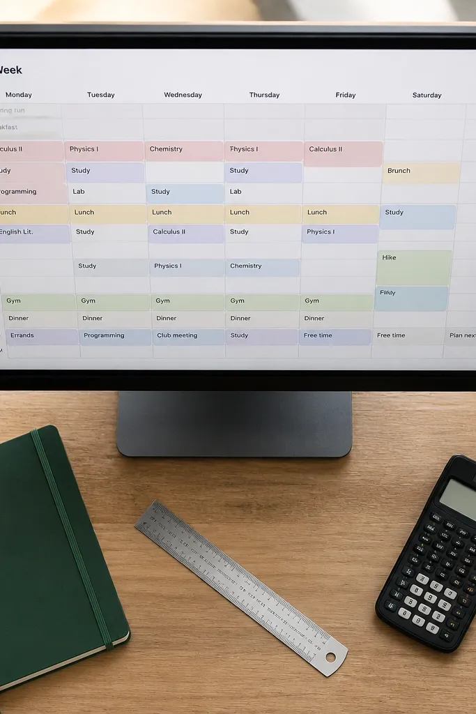 Weekly planner with a grid layout and colored blocks for tasks