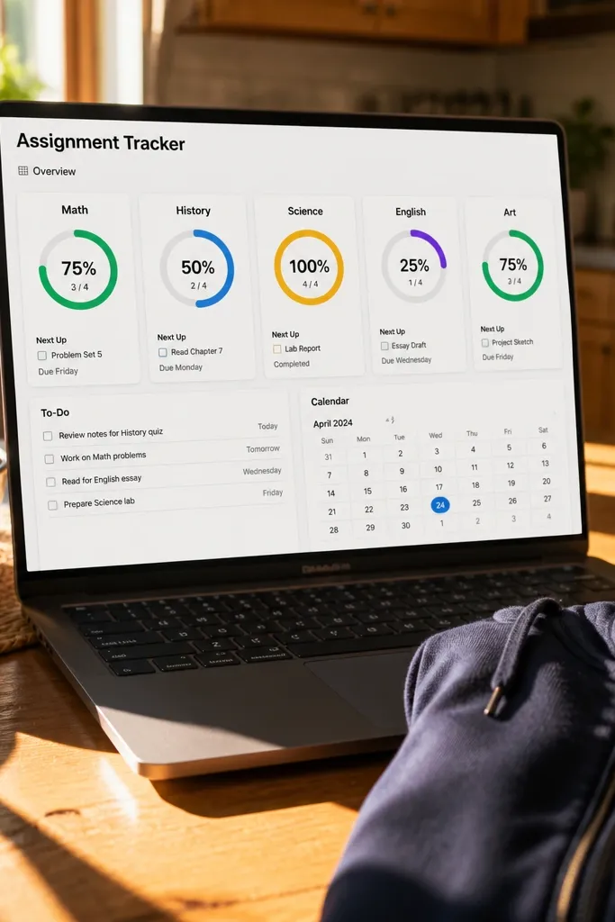 Notion page with an assignment list and progress indicators by course