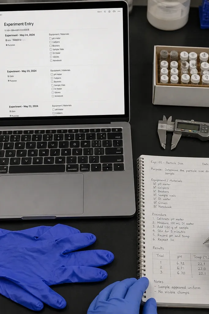 Notion lab page with dated sections and an equipment checklist