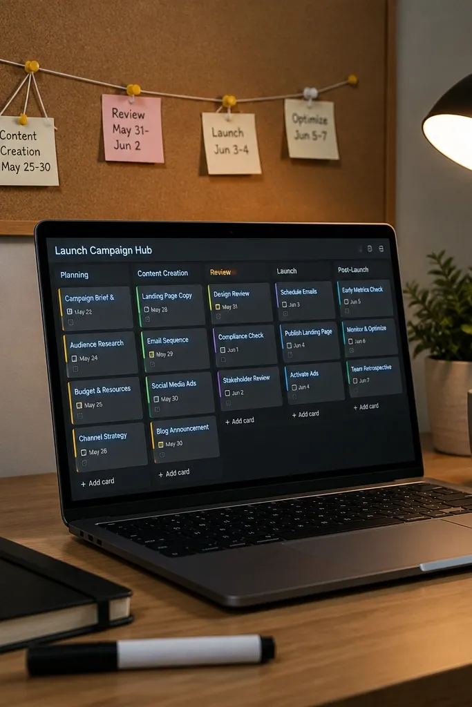 Notion board with three kanban columns and milestone cards