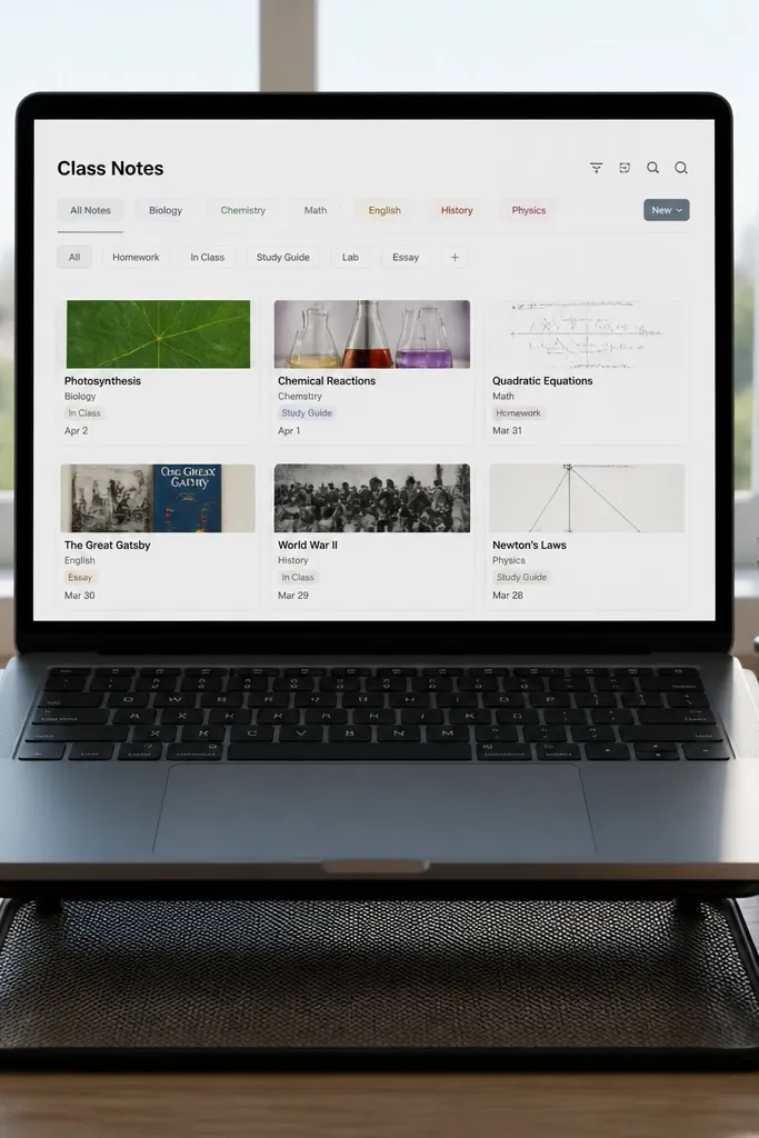 Notion page with subject tabs and tagged note cards