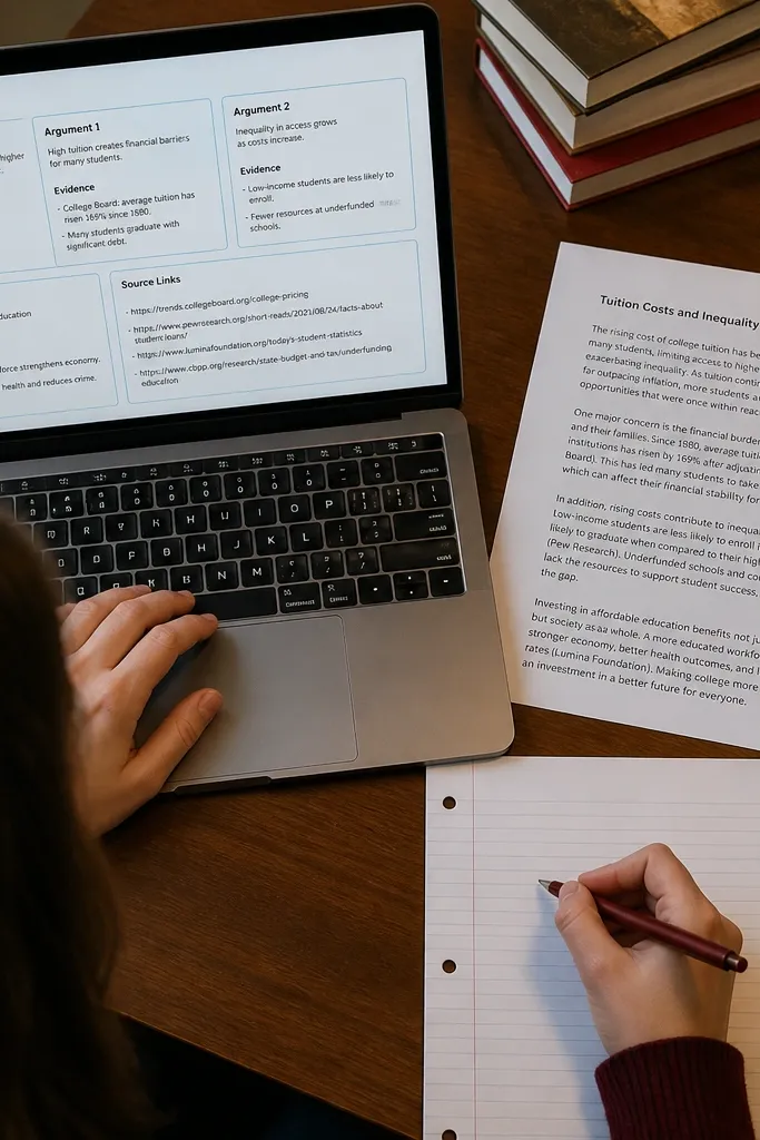 Notion essay planner with outline sections and linked sources
