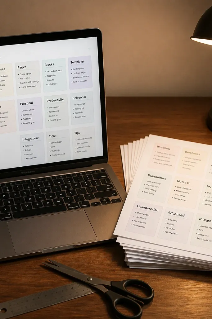 Open fold-out Notion page with tabs and printable panels for formulas and steps