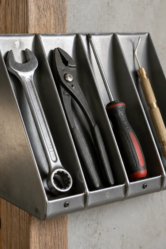 Wood slanted tray wall with labeled hand tools laid in rows