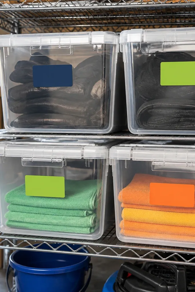 Stack of clear bins with colored labels on a garage shelf