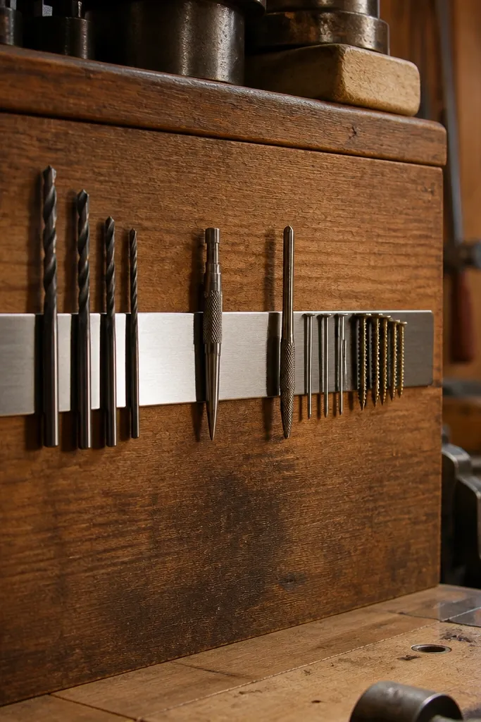 Magnetic strips holding metal bits and small tools on a painted board