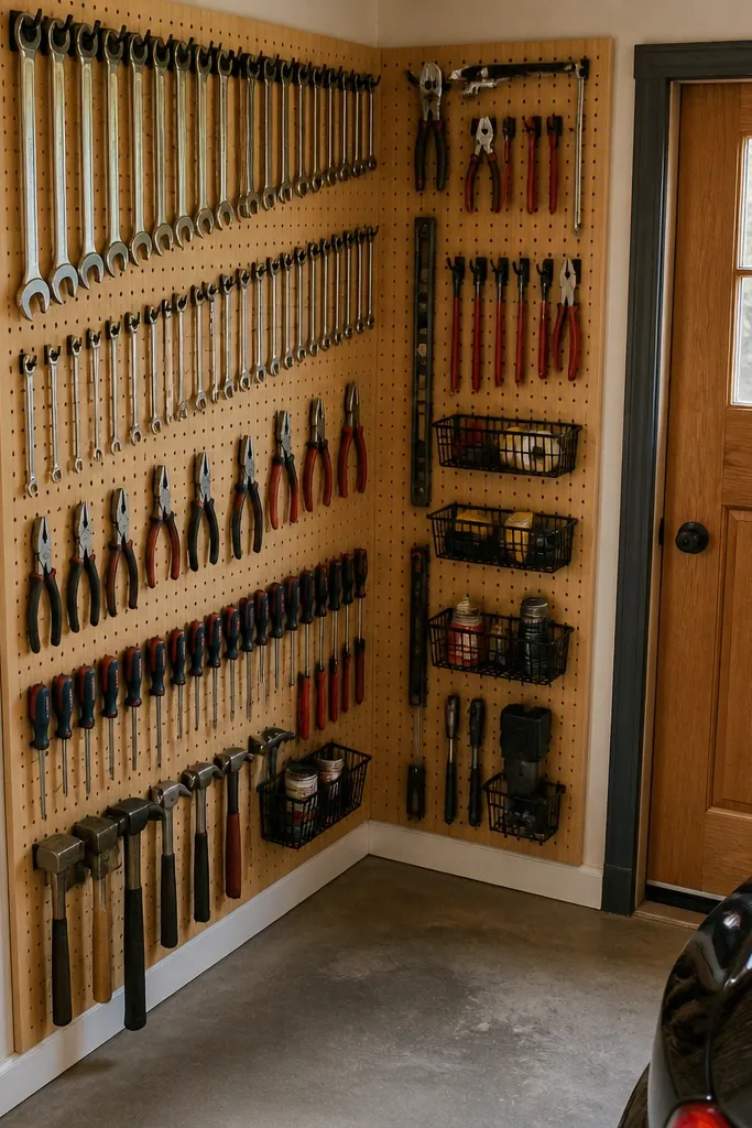Pegboard grid in a garage corner with tools spaced evenly
