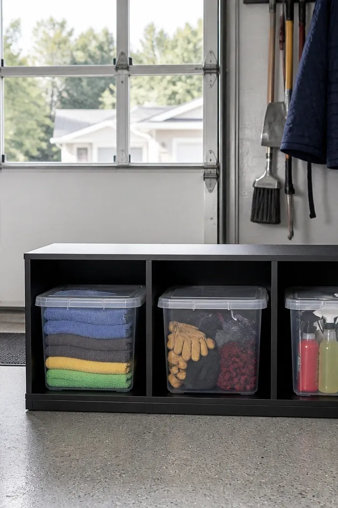 Small garage storage cubes with removable bins and matching labels