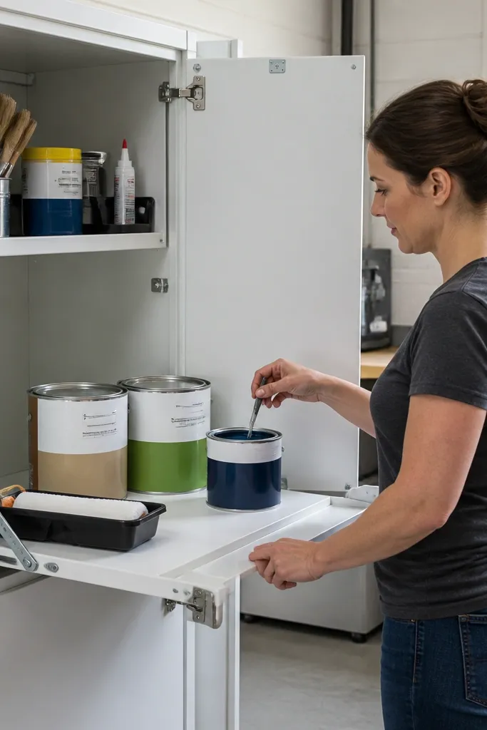 Cabinet with folding shelf on door holding paint cans neatly