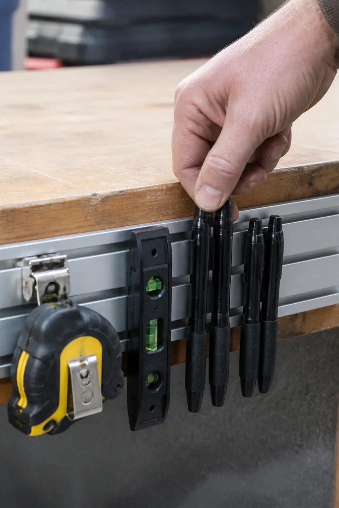 Workbench with a side rail holding a level, tape, and markers in slots