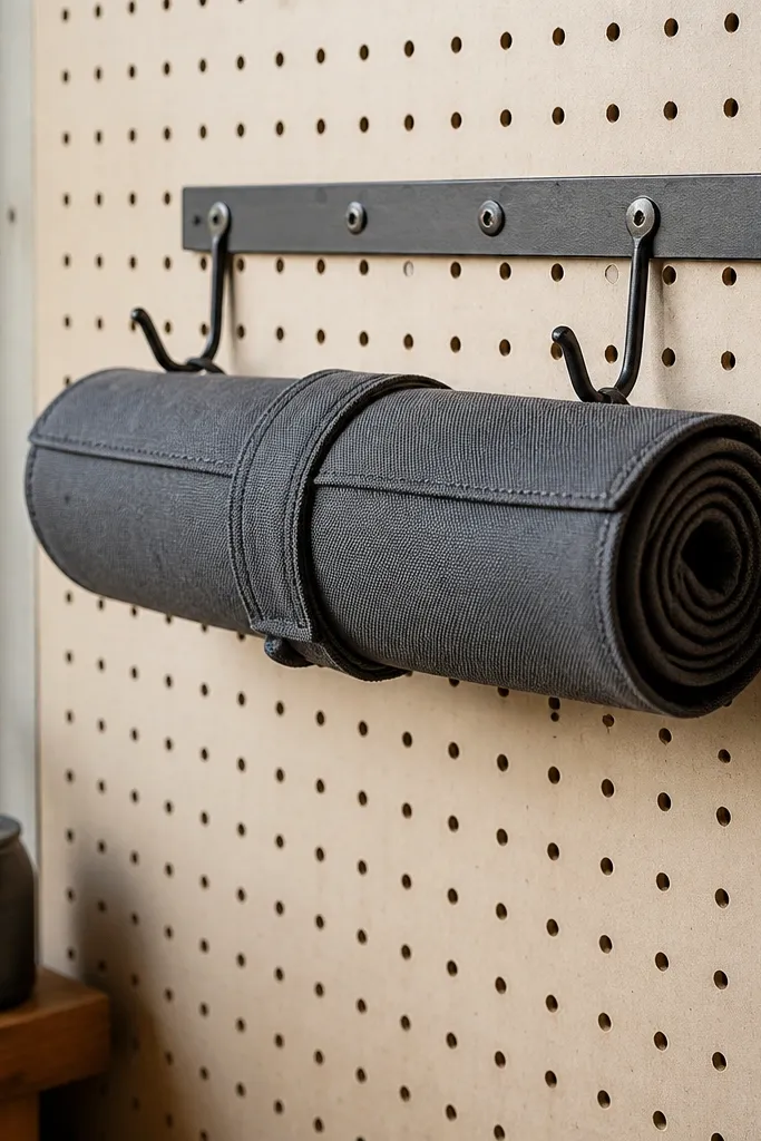 Rolled wrench sleeve hanging neatly on a wall hook bar