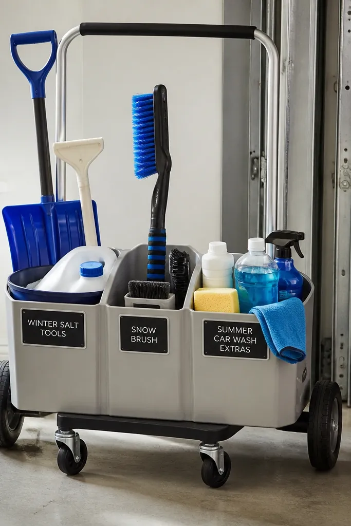 Small wheeled caddy with labeled bottles and tools inside