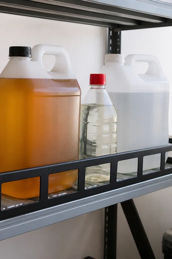 Slatted shelf with front rail holding oil jugs upright