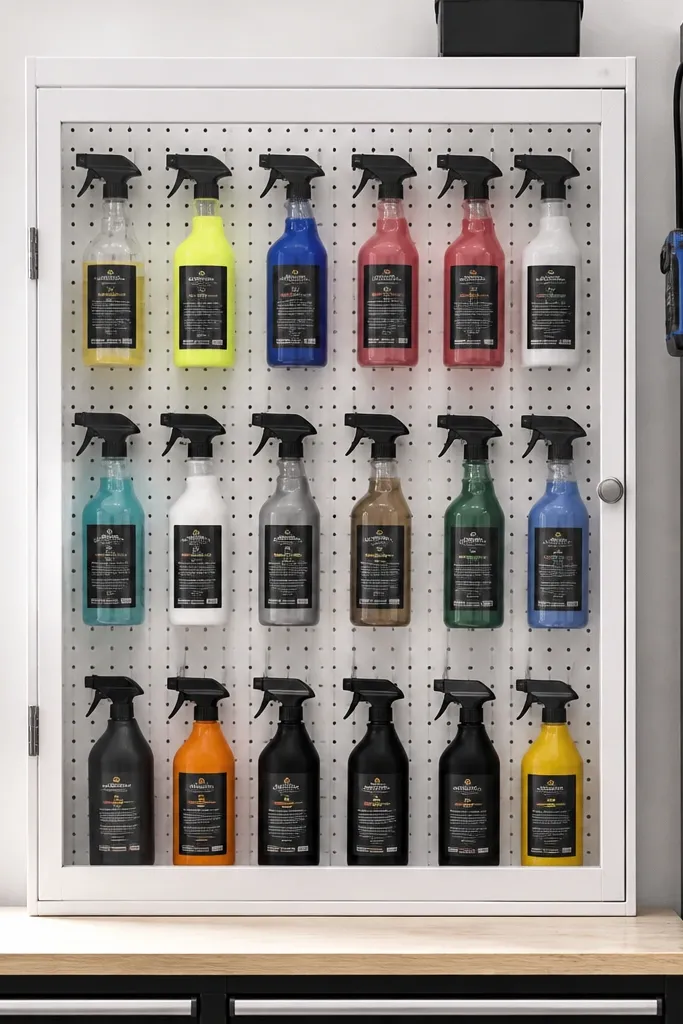 Pegboard cabinet with clear door showing spray bottles arranged in rows