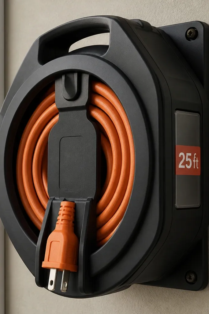 Extension cord holder with cords coiled and label windows on the side