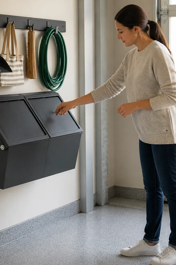 Wall-mounted bins with swing lids and a clean front sorting layout