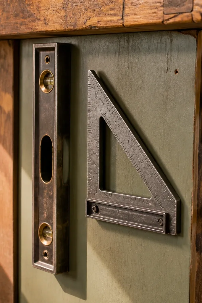 Wood board with magnetic strips holding a level and metal squares neatly