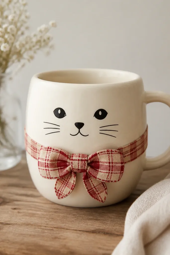 A light cream mug with a simple black cat face, and a small bowtie collar made from a red-and-cream plaid fabric tied under the chin. The bowtie has two rounded loops and short tails, with tiny stitched-looking lines on the fabric.