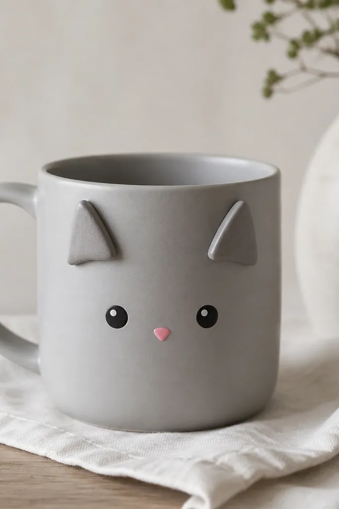 A matte light-gray mug with two raised polymer clay ears on the front, colored slightly darker gray. The cat face is minimal: two white highlights in black eyes and a tiny pink nose, all painted directly on the mug.