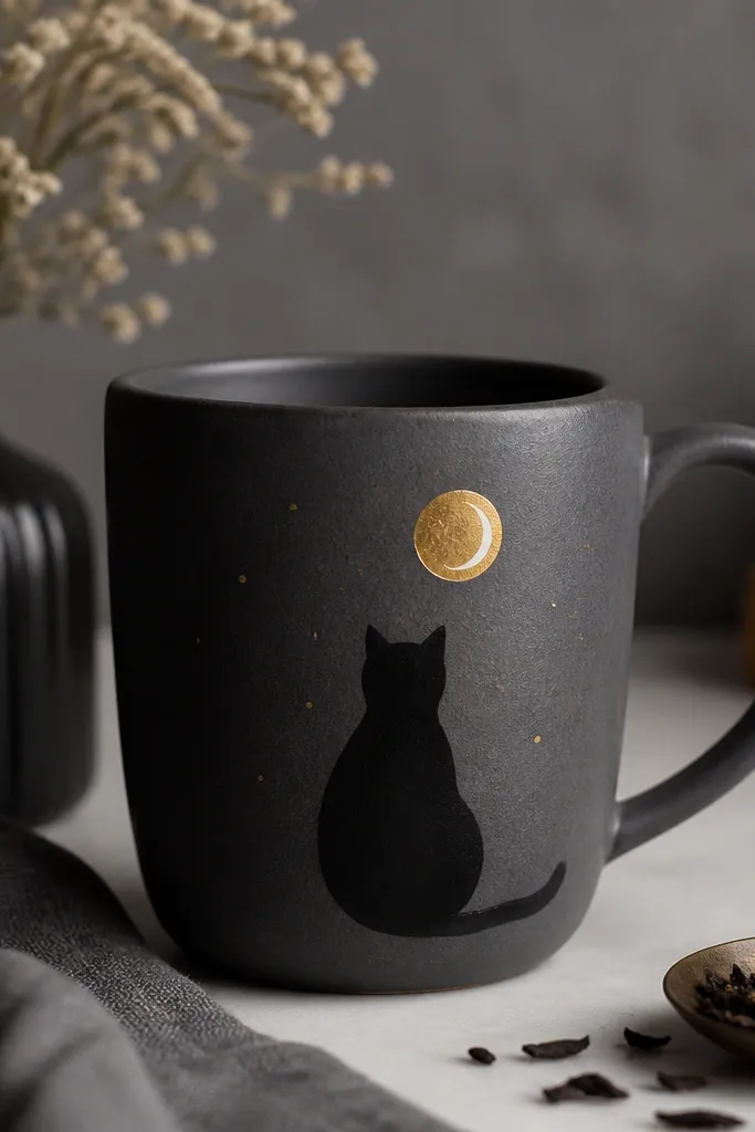A deep charcoal mug with a cutout-style black cat silhouette painted on the front. A small gold paper moon sits above the cat's head, with a tiny crescent highlight and a few gold specks like stars.