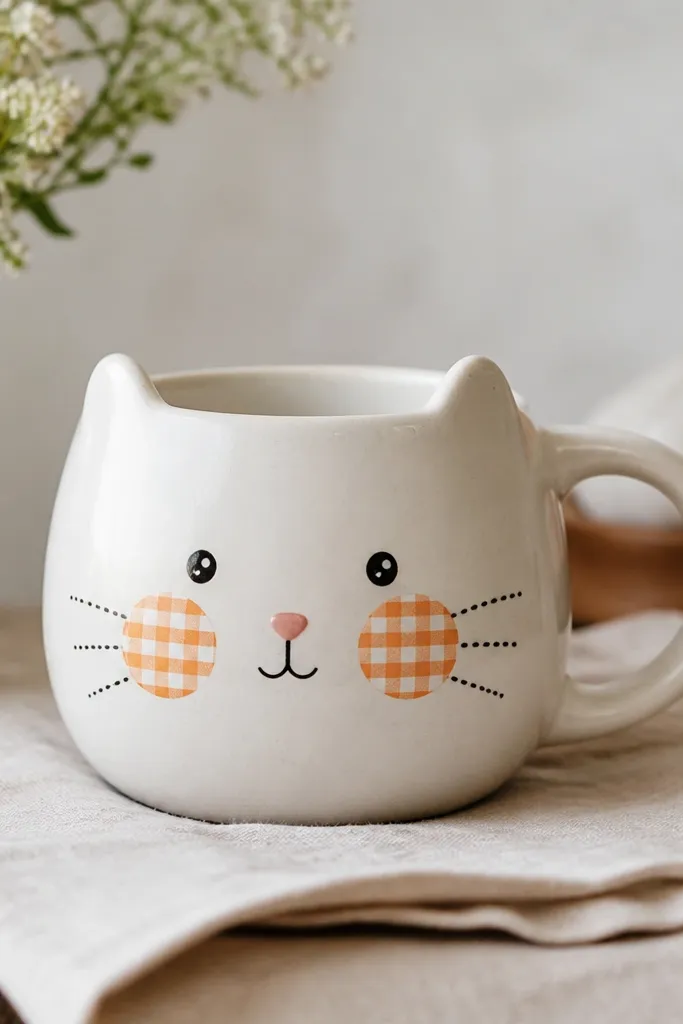 A white mug painted with a cat face where the cheeks are gingham pattern squares in orange and cream. The eyes are drawn as black dots with tiny white highlights, and whiskers are short dotted lines rather than continuous strokes.
