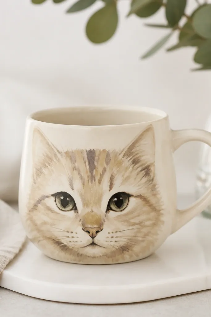A pale beige mug with a cat face painted in watercolor style. The tabby stripes look blended and feathery in soft browns and taupes, with a small greenish-gray nose and gentle black eye outlines.