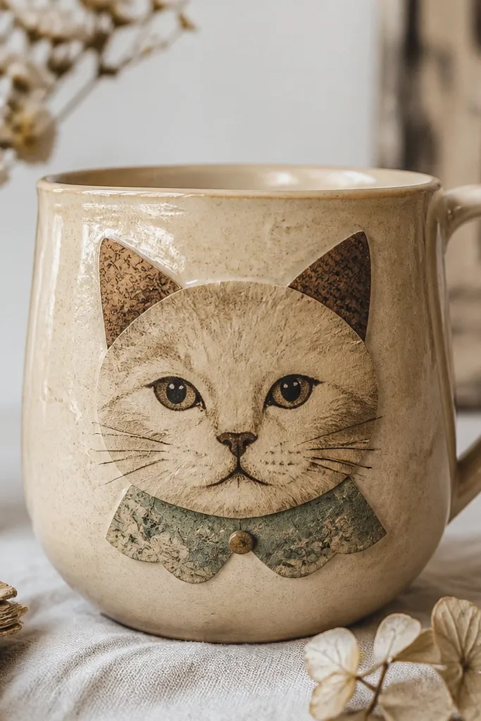 A beige mug with a cat face made from layered vintage paper pieces. The cat has a sepia-toned face, darker paper ears, and a cut-out collar shape, with visible paper edges smoothed under a glossy clear layer.