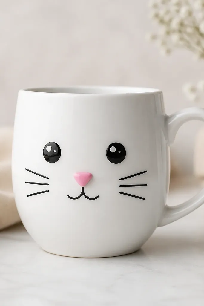A white mug with a cute cat face drawn in simple lines. The nose is a raised tiny polymer clay triangle painted pink on top, and the eyes are big black circles with glossy white highlights.