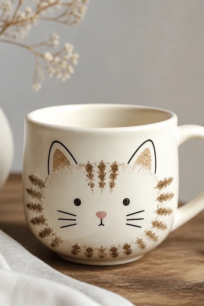 A cream mug with a cat face created by sponge prints. The stripes are made from small dabs in light brown and dark brown, with a black outline around the ears and a small pink nose.