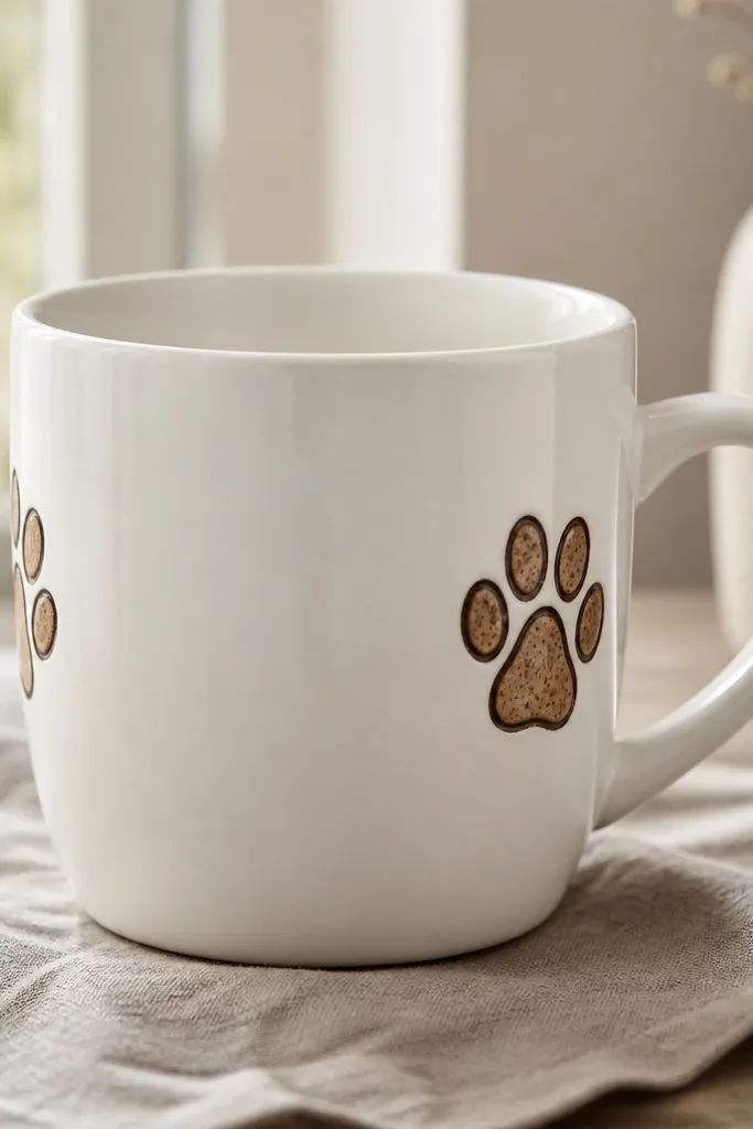 A white mug with a simple cat paw print painted near the handle. The paw has four toe beans in warm brown, a darker brown outline, and tiny specks like texture, with a matching small paw on the opposite side.