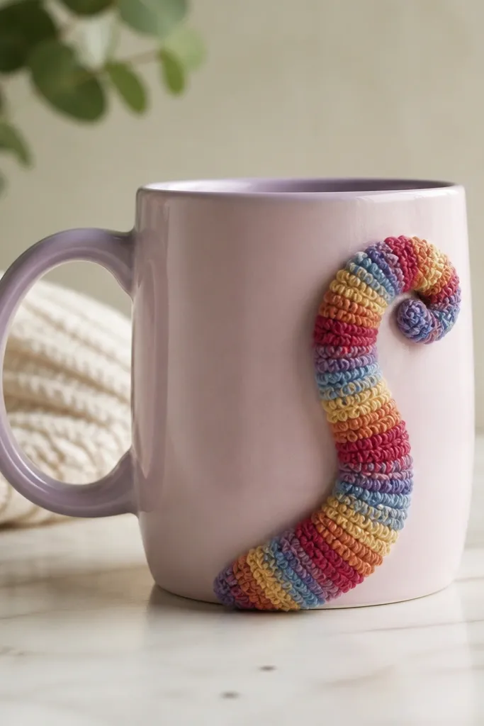 A pastel mug with a cat tail curled along the side. The tail is made from tiny loops of yarn glued in a spiral, colored with thin stripes of red, orange, yellow, blue, and purple, with a small curled tail tip.