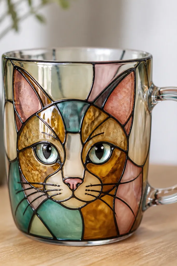 A clear-gloss ceramic mug with a cat face outlined by dark lines like stained glass. The panels inside are filled with translucent paint washes in teal, amber, and pale pink, with bright white eye highlights.