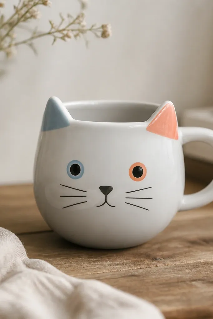 A white mug with a cat face where the left ear is painted sky blue and the right ear is painted coral. The body is neutral gray with simple black whiskers, and the eyes are mismatched tones: one eye has a blue ring, the other has an orange ring.