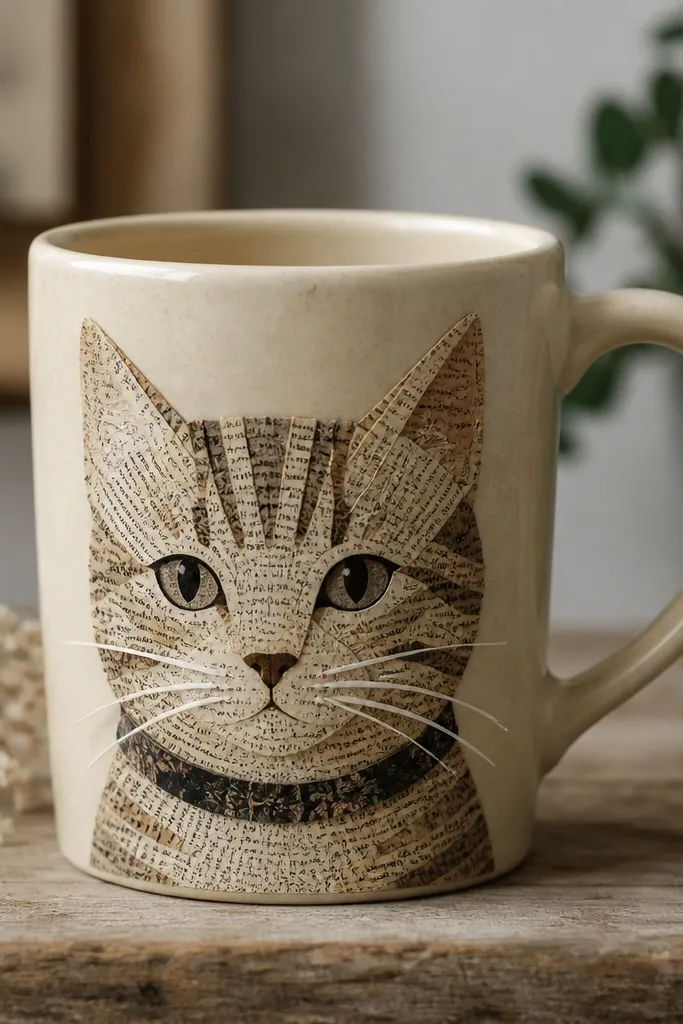 A cream mug decoupaged with a tabby cat face cut from book pages. The cat has stripes made from lines in the text paper, and a small collar band made from a darker printed strip, with painted whiskers over the paper.