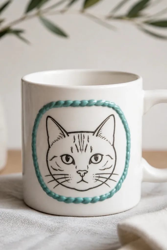 A white mug with a cat face drawn in dark ceramic marker. Around the cat head is a raised border made from a thin line of dimensional paint, and the border looks like a soft rope frame in teal.