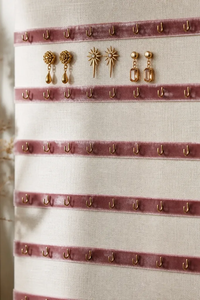 A cream vertical fabric panel covered with deep mauve velvet ribbon strips. Small brass hooks line each ribbon strip in tidy rows, with a few pairs of gold-tone studs hanging at the top.
