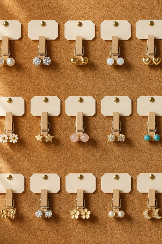 A cork board panel with a warm tan color, pinned small clothespins in rows, and tiny label tags above each row; stud earrings hang from the clips.