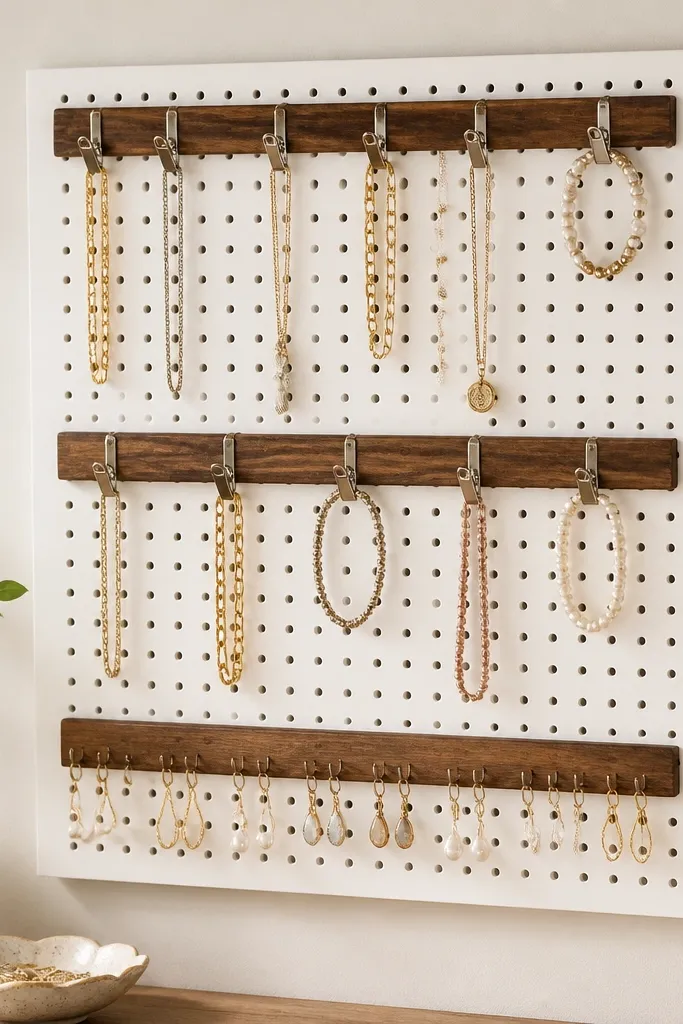 A small white pegboard mounted on the wall. Three stained wood rails run horizontally across it, and tiny metal clips hold necklaces and bracelets. Hooks hold earrings underneath each rail.