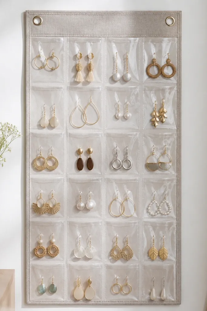 A hanging organizer made from a clear plastic pocket sheet inside a fabric frame. Each clear pocket holds a pair of earrings, and the top edge has two grommets for hanging.