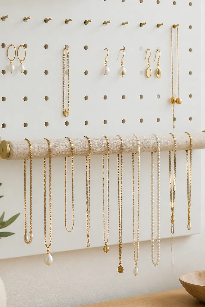 A white pegboard mounted on the wall with evenly spaced brass hooks, plus a horizontal bar wrapped in beige linen; necklaces drape over the fabric bar.
