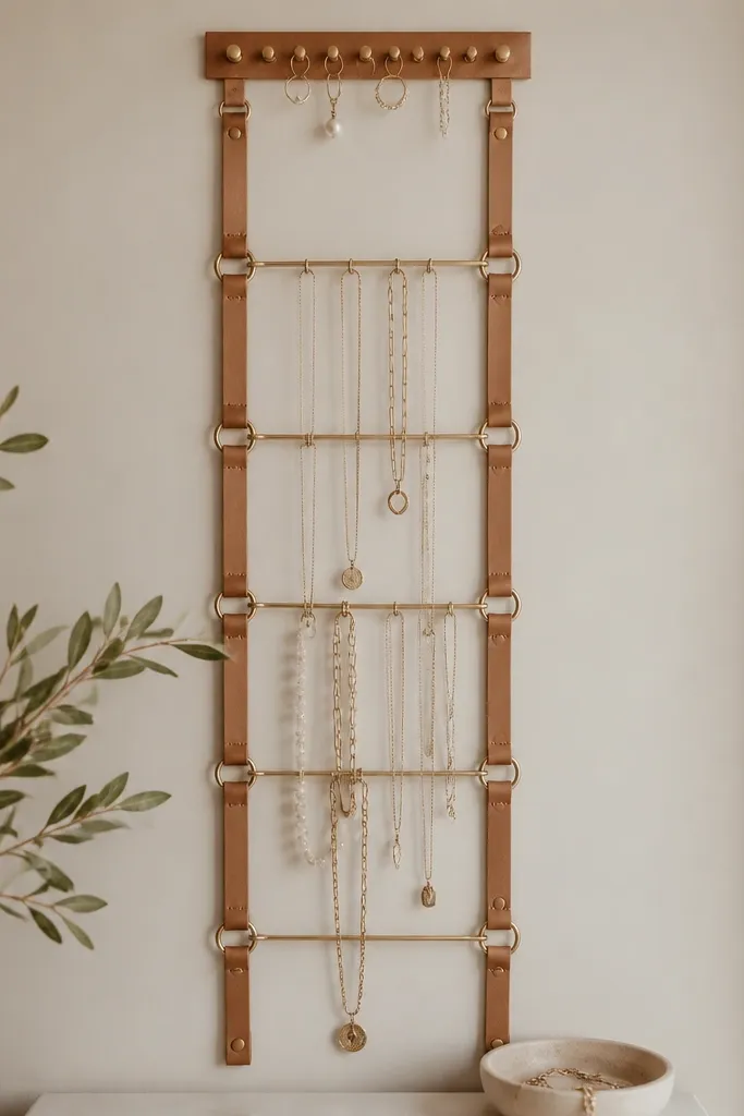 A vertical ladder made from two tan faux leather straps. Small metal rings and bars run horizontally, holding necklaces. A narrow studded bar sits at the top with a few earrings hanging from it.